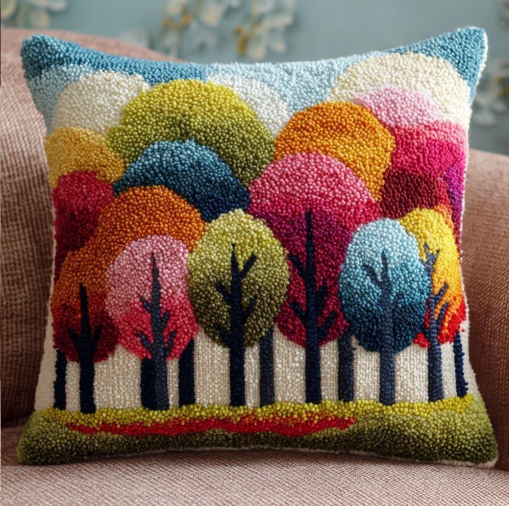 WallustrioaW Latch Hook Pillow Kit -Trees 43X43Cm Embroidery Art Craft Kit All Ages Unisex
