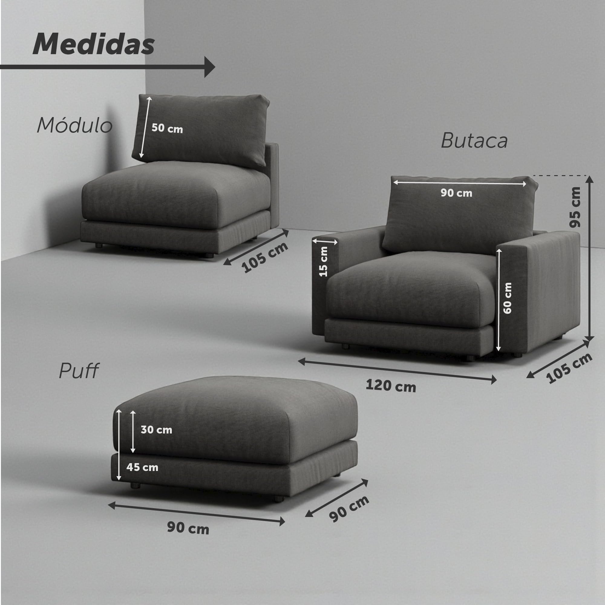 Sofá Modular de 2 plazas con Puff y módulo Central Opcionales para salón o Dormitorio y Cojines Fluffy. Sofá ergonómico autoconfigurable a Medida Modular. Montaje y Retirada incluídos.