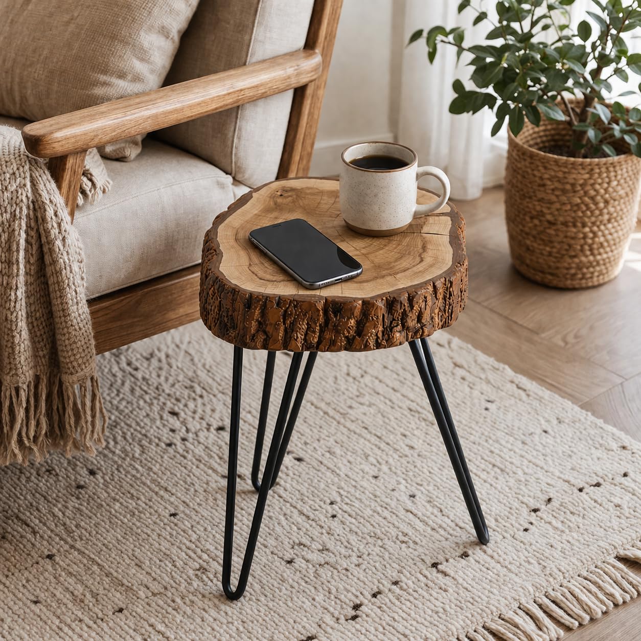 Unique home Rustic Wooden End Table Versatile Sofa Side Table, Coffee Table, or Plant Stand withTree Slice Bark Look- Dimensions: 12 x 12 x 18 inches - Ideal for Home and Office-image-46