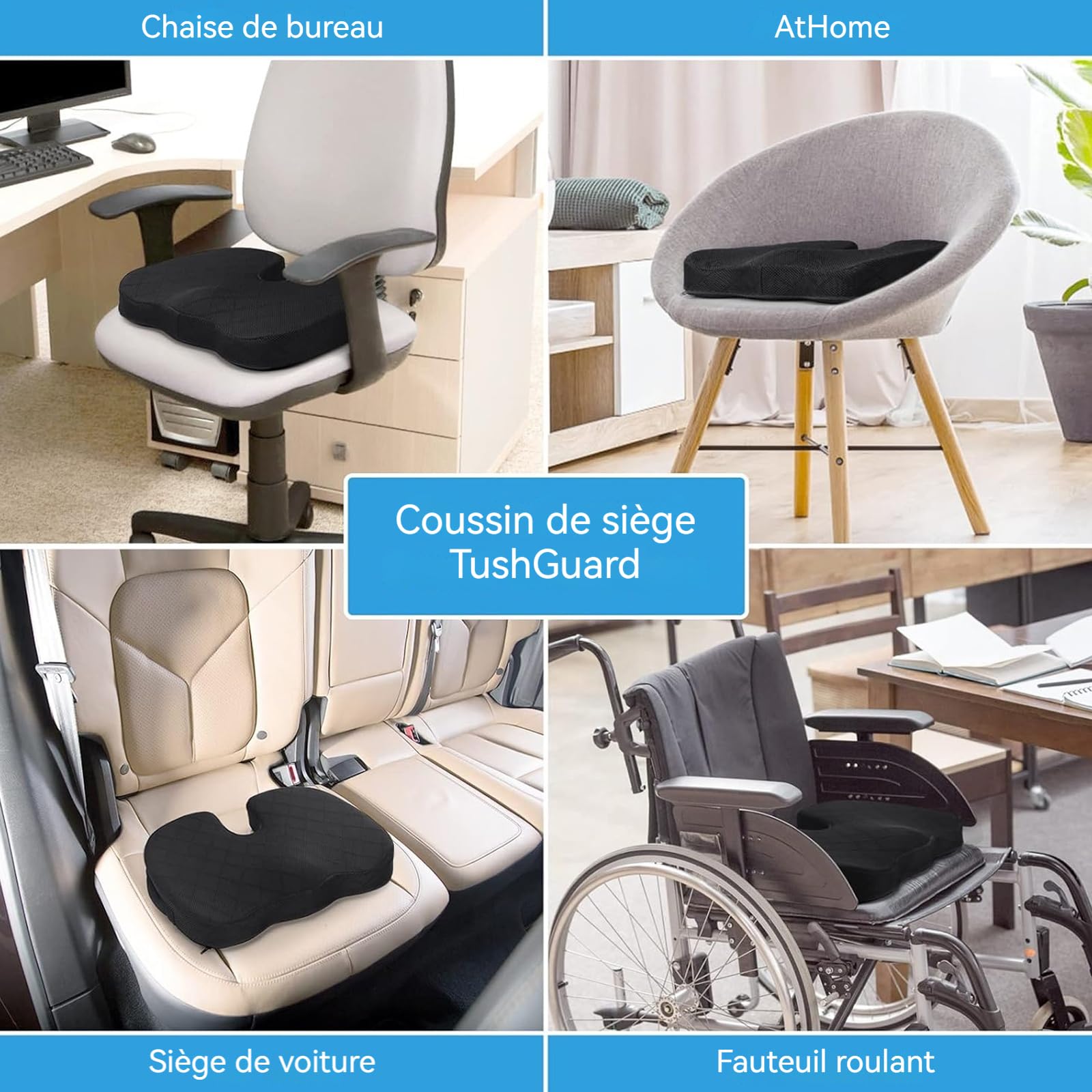 Coussin de siège 45x35x7cm orthopédique Ergonomique Coussin de Coccyx en Mousse à mémoire réglable pour siège de Voiture et Bureau
