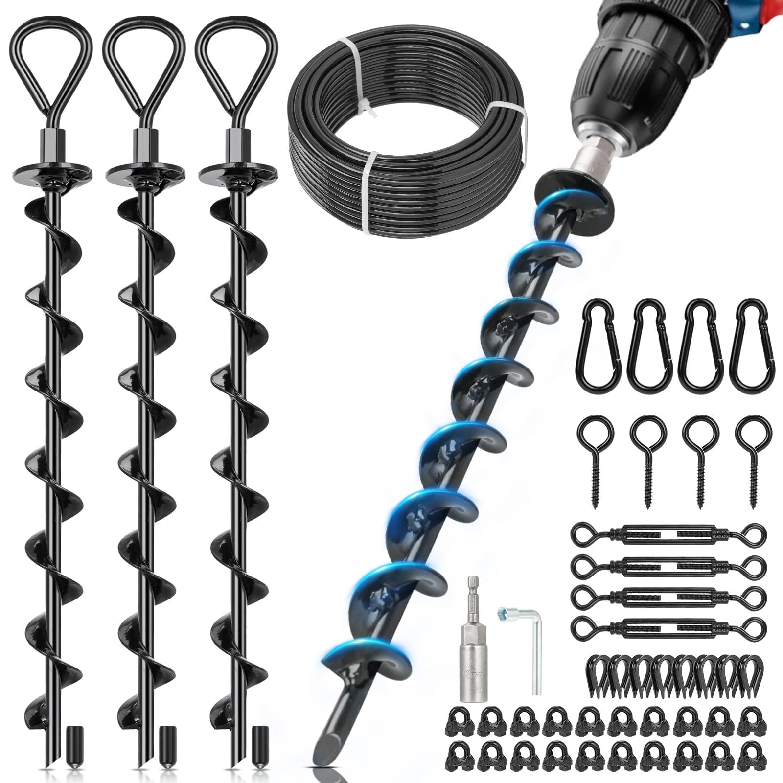 Bodenanker zum Eindrehen 4er Set 38 cm – Vollspiral Erdanker/Schwerlastanker mit 3/16'' PVC-Stahlseil, 4 Spannschlössern & Bohradapter, Sturmanker für Trampolin, Zelt, Pavillon, Carport