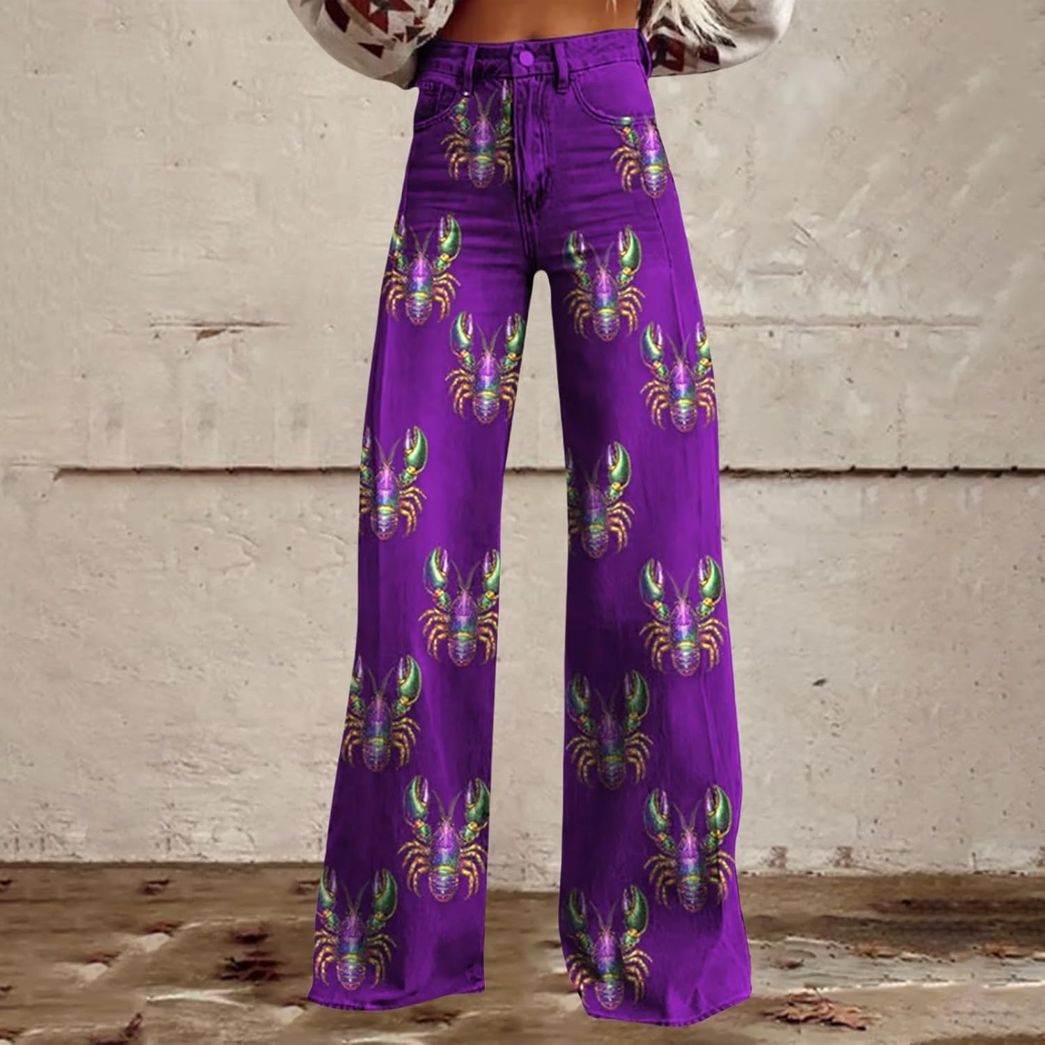 Women's Flare Jeans Wide Leg Baggy Pant Vintage Floral Printed High Waisted Straight Stretch Pants with Pockets