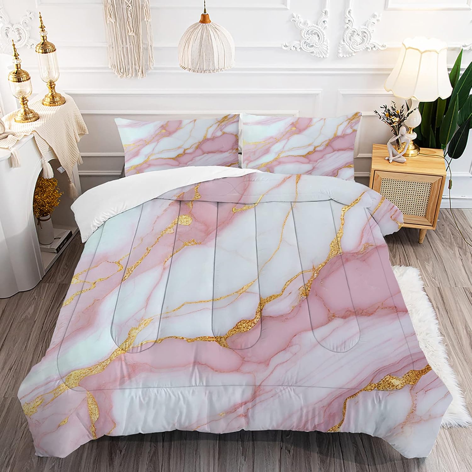 FUYEUN Pale Pink Marble Bedding Sets Twin Size Gold Glitter