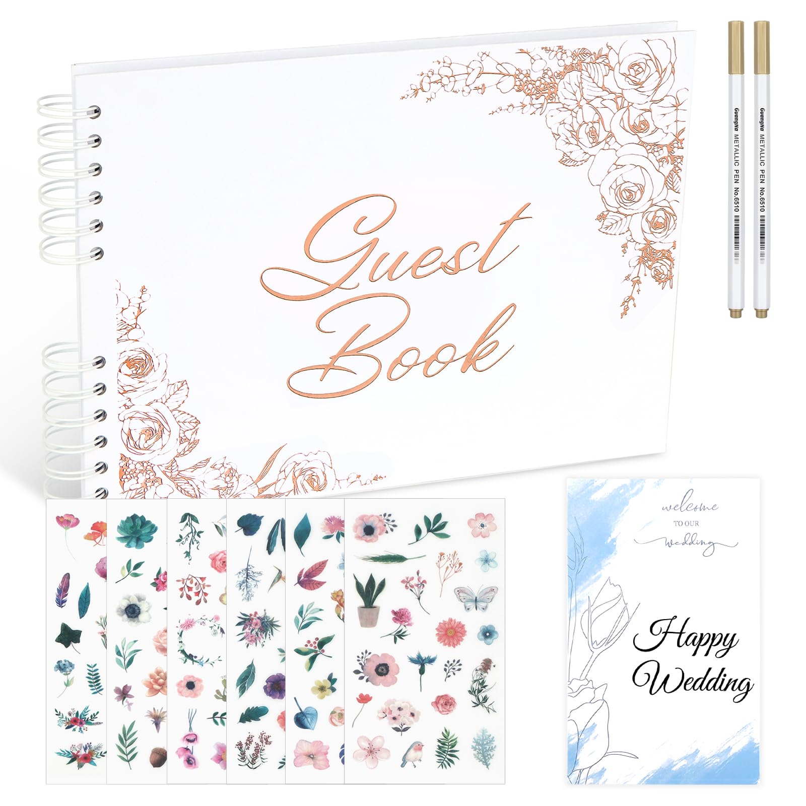Sumotia 4 piezas libro de visitas boda con bolígrafo, cartel de bienvenida, adhesivo floral, libro de visitas de boda vintage, libro de visitas de boda, libro de visitas, libro de visitas de