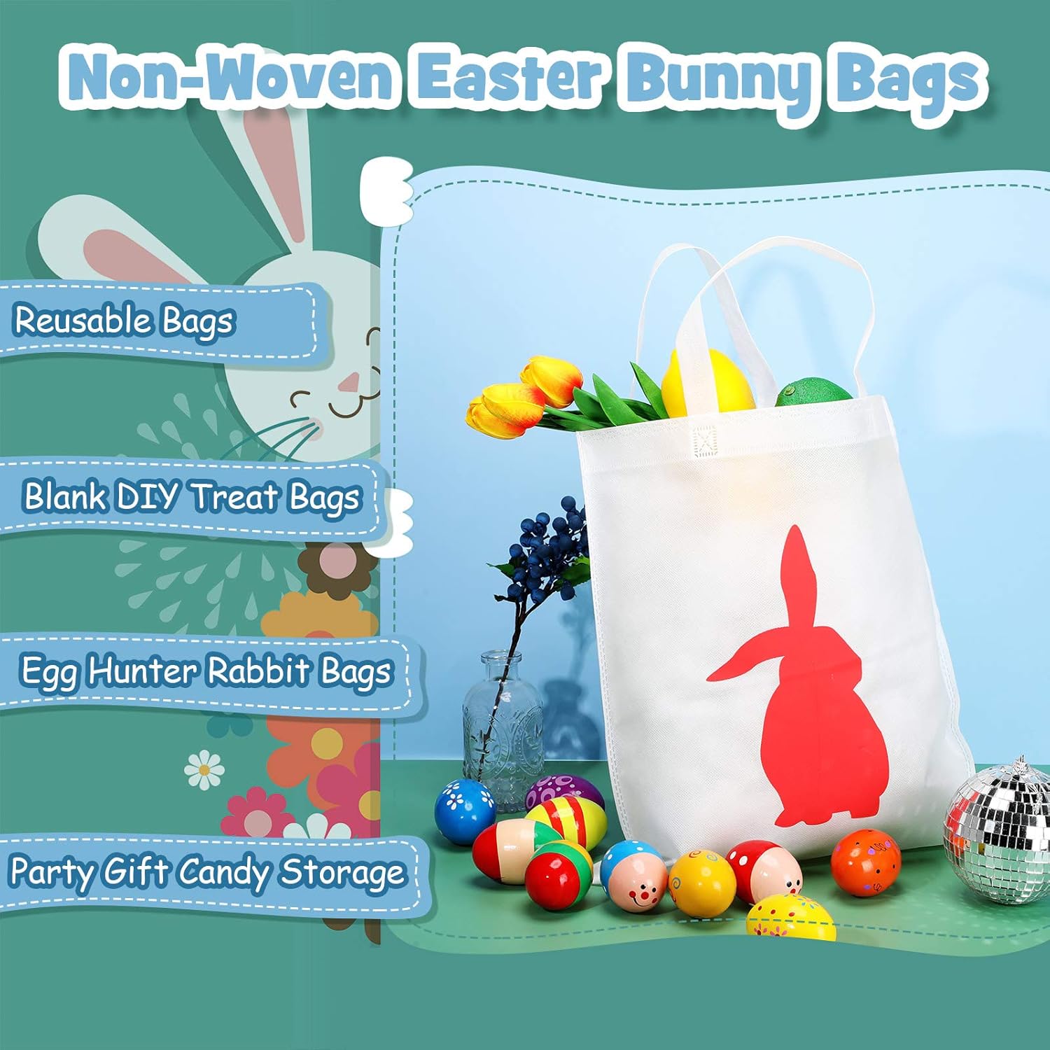 Weewooday 100 Pieces 15 x 16 Inch Easter Gift Bags Bulk Non Woven Easter Bag Bunny Tote Bag Rabbit Present Reusable Goodies Treat Bags with Handles for Birthday Party Family Gathering Favors