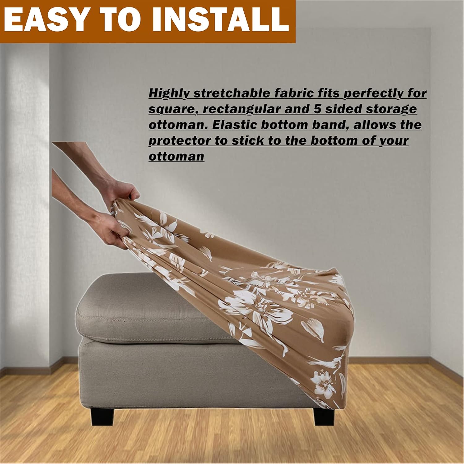 Rectangle Ottoman Cover – Stretchable Slipcover with Lily Flower Print, Non-Slip Fabric for Footstool, Pouf, or Bench Machine Washable (Camel, Large)