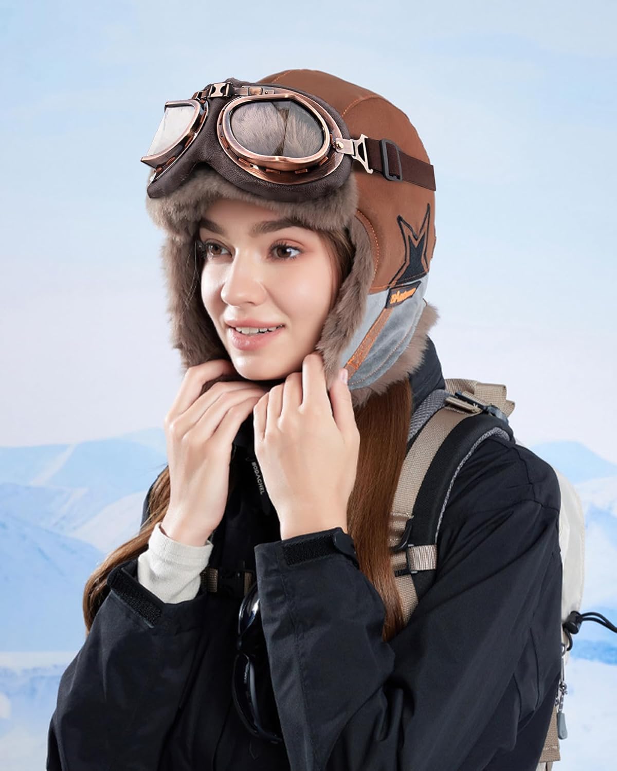 Peicees Aviator Hat and Goggles Pilot Cap with Goggles- Vintage Aviator Costume Winter Trapper Hat with Earflaps Adult
