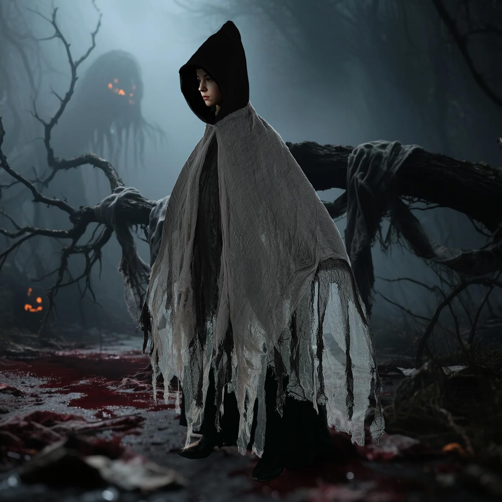 Hooked Cloak Kids Medieval Renaissance Gothic Wizard Cape Death Costume Horror Scary Ghost Cosplay Halloween Gifts for Carnival Party Masquerade (Black) - Image 3