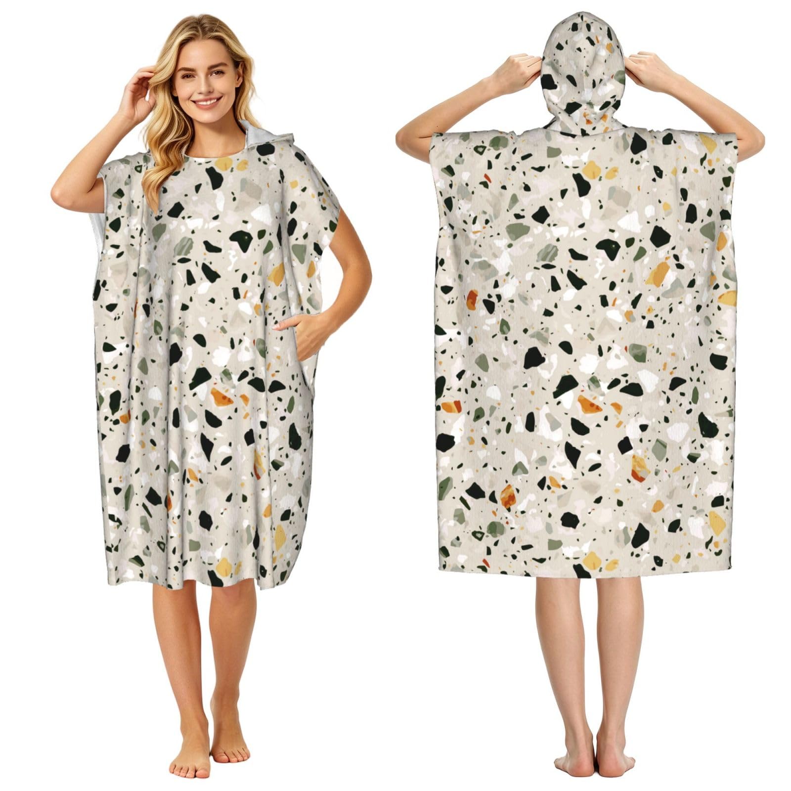 Poadnly Terrazzo, Adult Hooded Beach Towel 90 x 110 cm,Changing Bath Robe, Surf Poncho Towel For Women Men