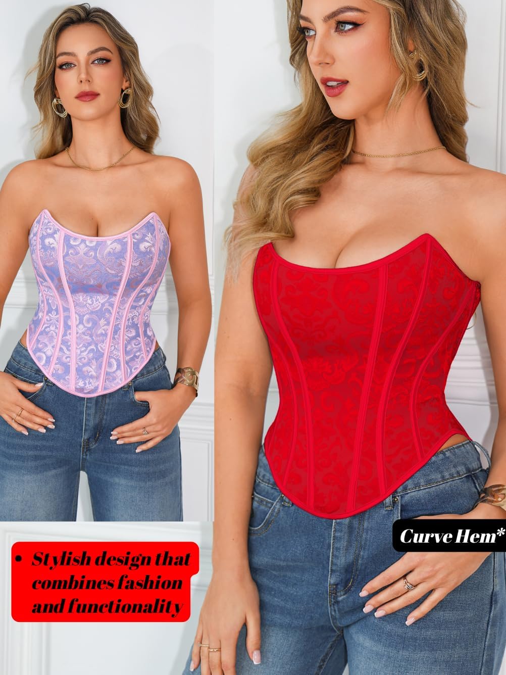 ChiaoLezhee Women's Strapless Glossy Jacquard Boned Corset Top
