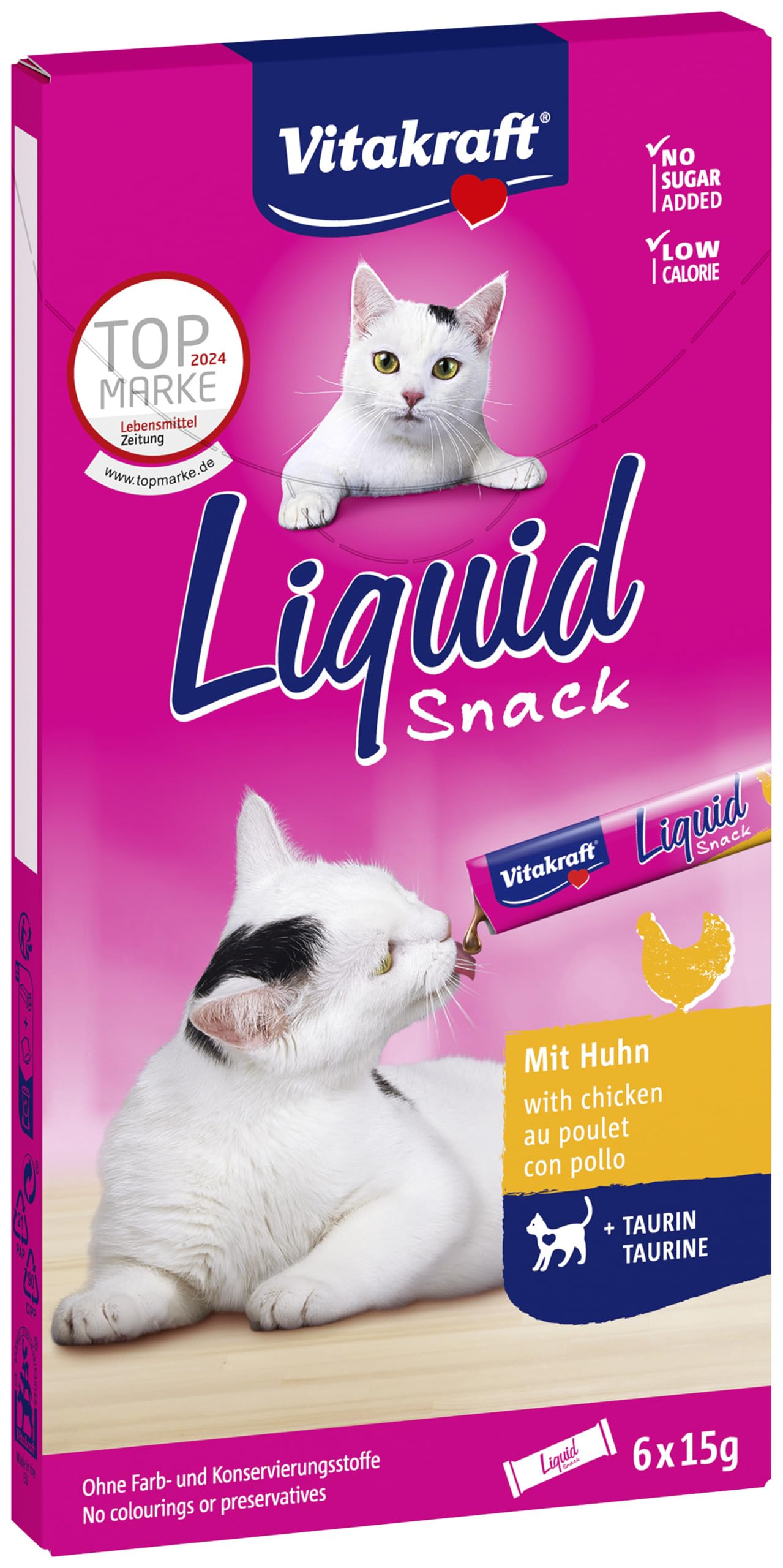 Vitakraft Liquid Snack, Katzen Leckerli, Katzensnack cremig, mit Huhn und Taurin, in einzelnen Sachets, unterstützt die Augen und das Herz (1 Paket mit 6x 15g)