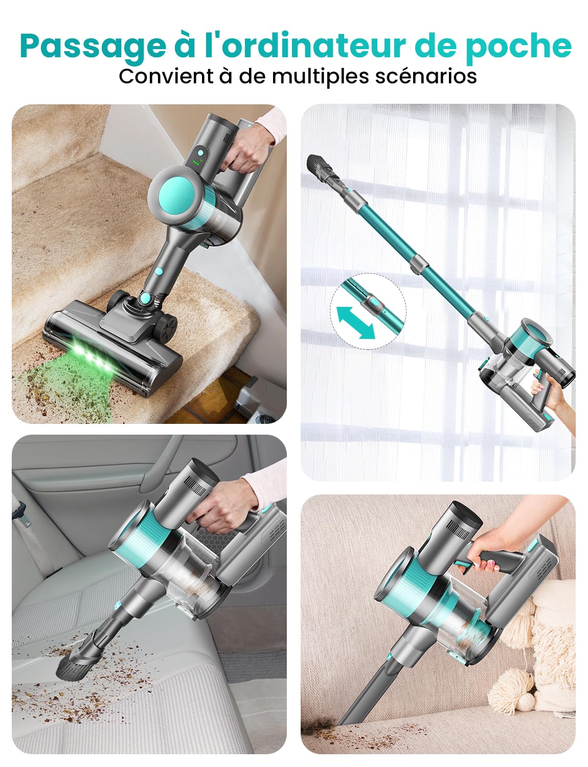 Aspirateur Balai sans Fil 45KPa, Aspirateur sans Fil Puissant, 50 Min Autonomie, Batterie Amovible, Brosse Anti-Enchevêtrement LED, Aspirateur Léger pour Poils d'animaux, Tapis, Sols Durs Canapé