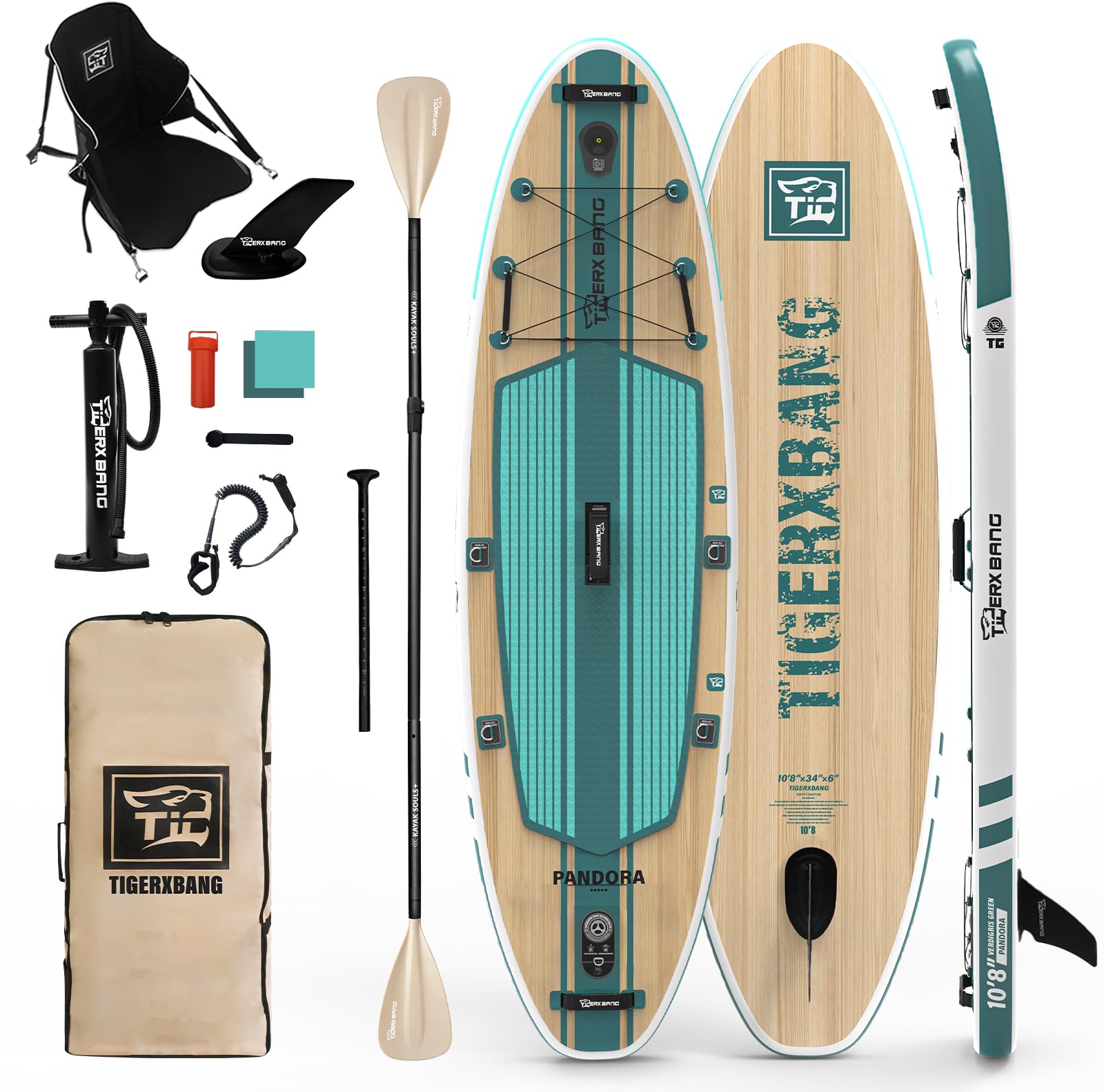 TIGERXBANG Tabla de surf hinchable de 330 x 86 x 15 cm, juego completo para adultos y jóvenes, iSUP extra ancha con juego de accesorios premium, color verde Pandora