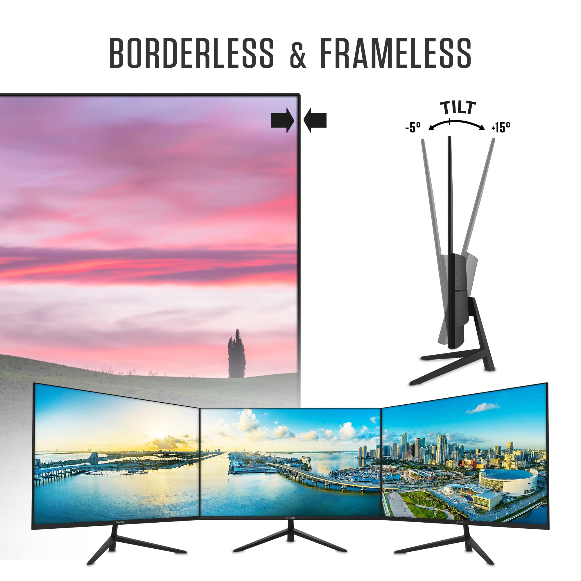 Atlantis Monitor 24 pollici, schermo 24" IPS 75Hz, Full HD 1920x1080, VGA HDMI, MULTIMEDIALE, FreeSync, Uscita Audio/Cuffie, inclinabile, risposta 5ms, Contrasto 1000:1, Angolo 178/178, Cavo HDMI 1,5m
