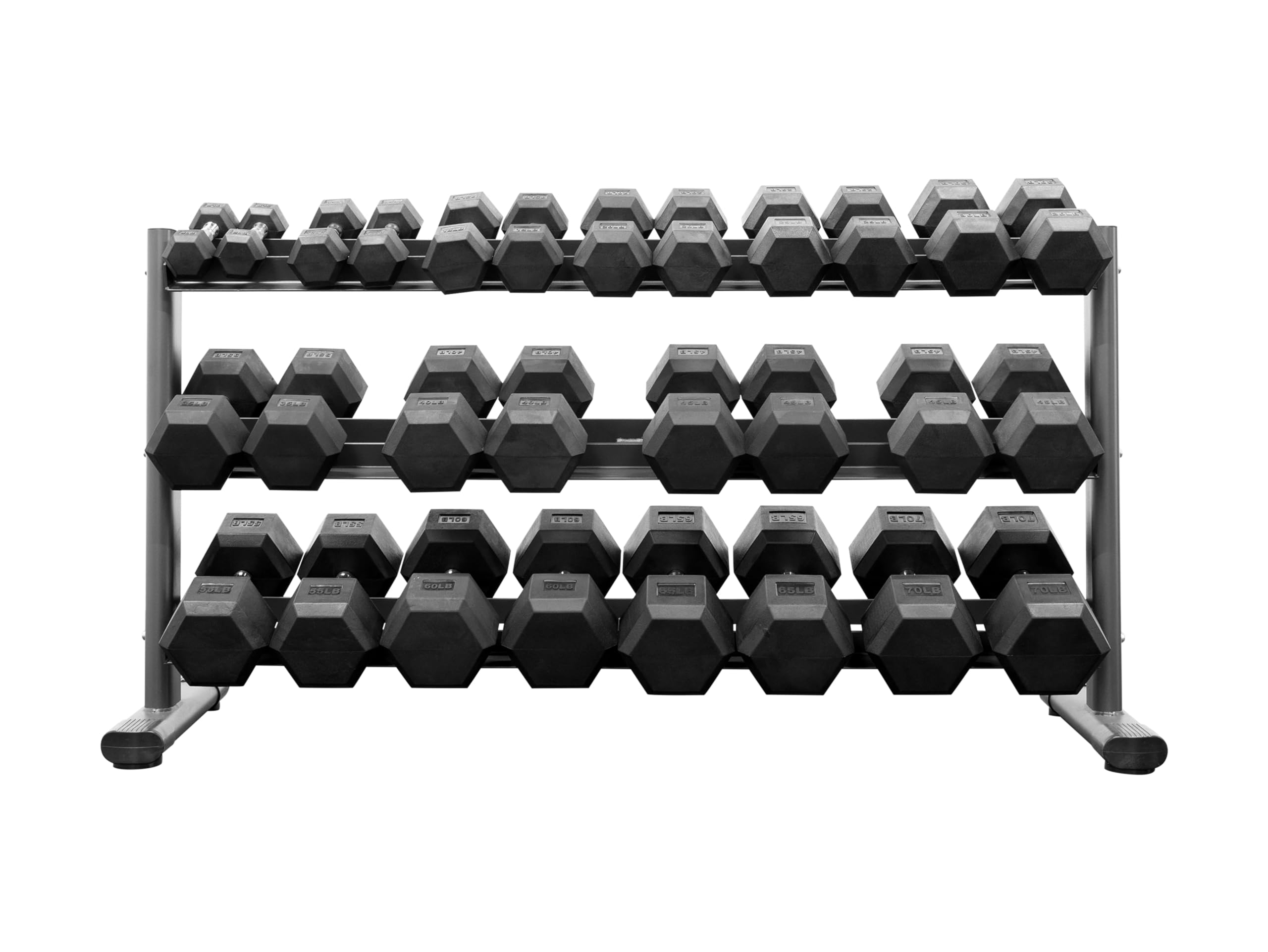 BodyKore 5-70Lb Rubber Coated Hex Dumbbell Set With Frame Multi Weight Set to Choose W 3 Tier Commercial