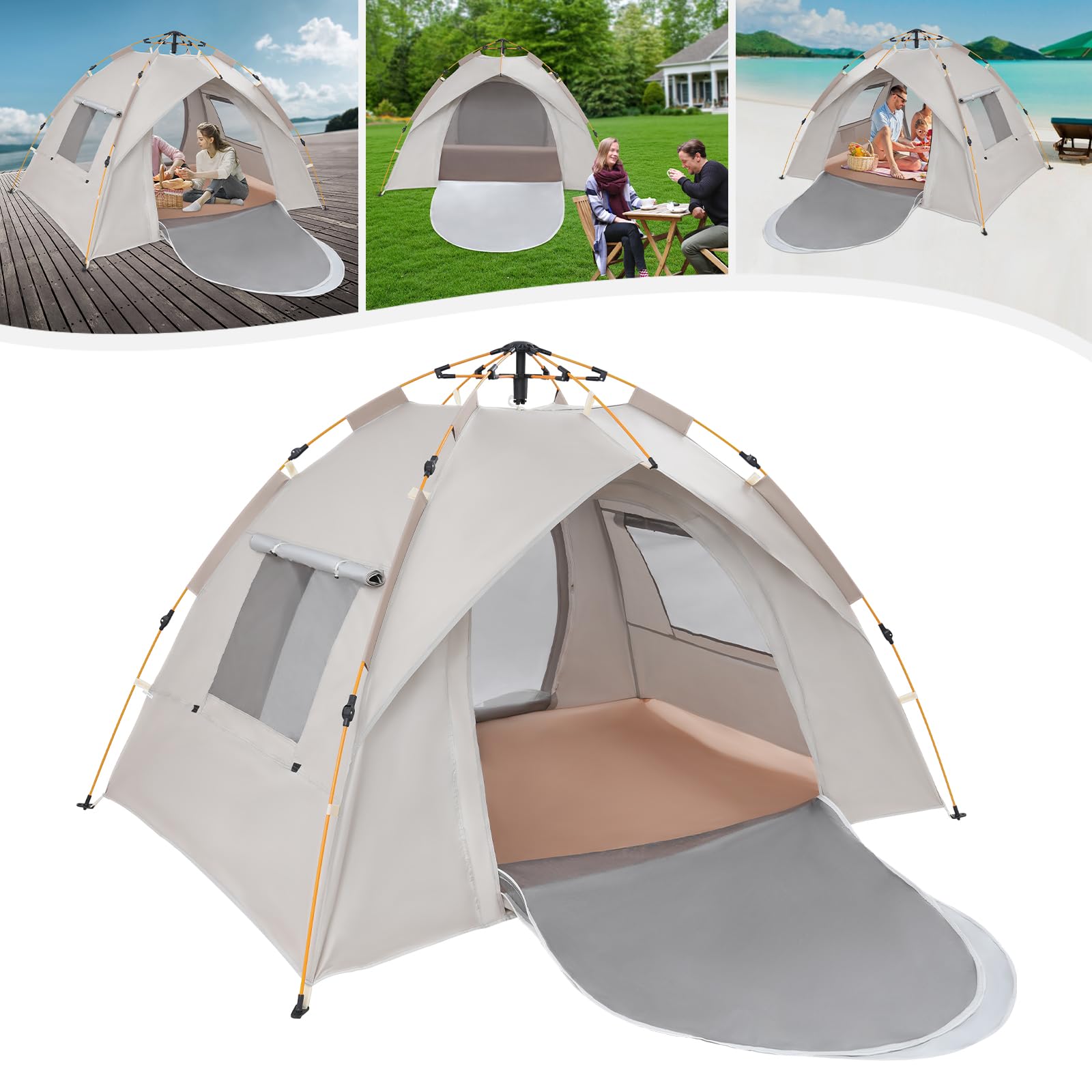 Tienda de campaña impermeable instantánea con 2 ventanas de malla, para 2-3 personas