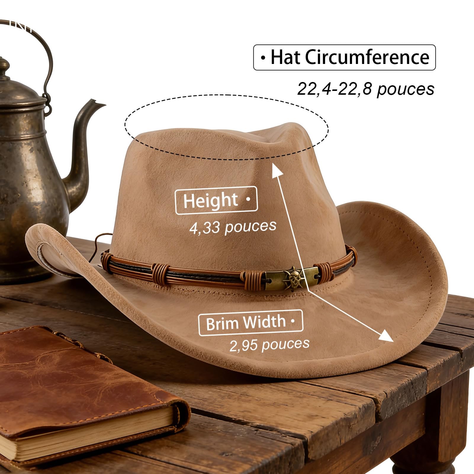 MYKAGS Chapeau de Cowboy Classique pour Les Hommes et Les Femmes, Chapeau en Daim extérieur Large Bordure, Chapeau de Cowboy Brun à la Mode avec Bande en métal crâne Parfait pour Les fêtes (Chameau)