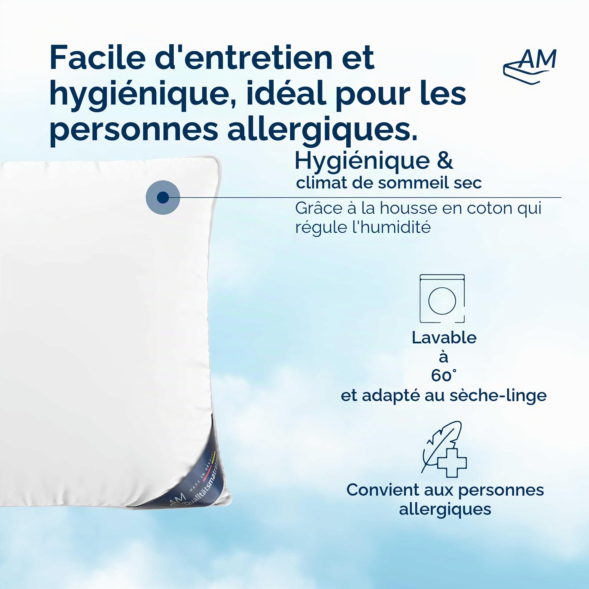 Oreiller 80x80 en Duvet et Plumes de Haute qualité - 100% Naturel - Coussin 80 x 80 Doux – Oreiller épais à Trois Chambres - L'enveloppe d'oreiller 80 x80 en Coton - Oreiller Duvet