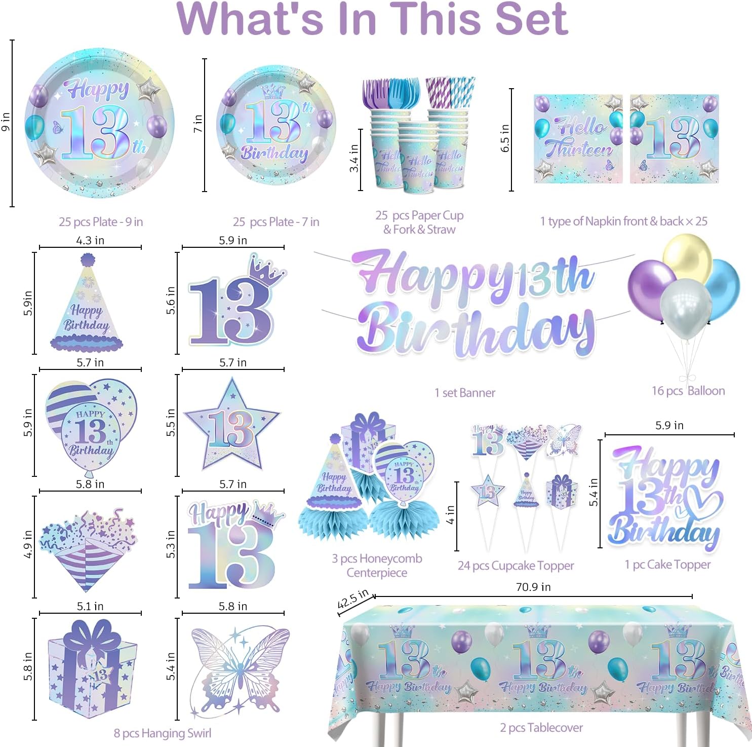 213pcs 13th Birthday Decorations for Girls – Serves 25 Guests – Disposable Tableware Set with No-DIY Banner Thick Plates Balloons Cupcake Toppers– Easy Assembly 13 Birthday Girl Decorations - Image 3
