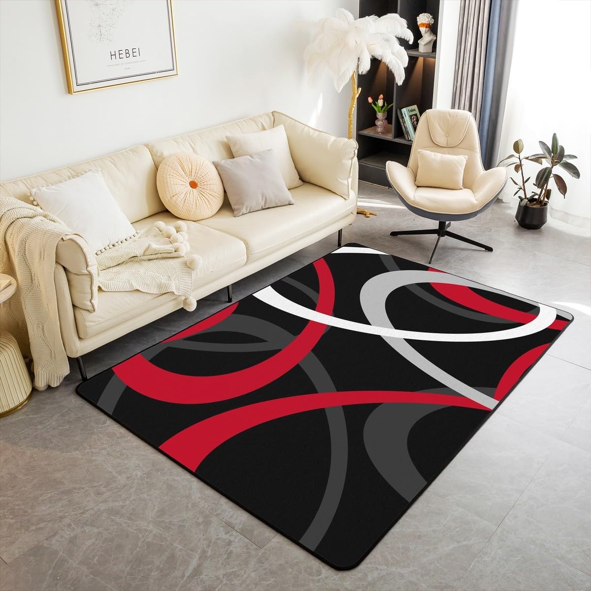 Feelyou Pink White Black Geometric Area Rug 5x7 Retro Circle Swirls Living Room Rugs Boys Girls Circle Stripes Geometric Decorative Carpet Geometric Abstract Art Indoor Floor Mat