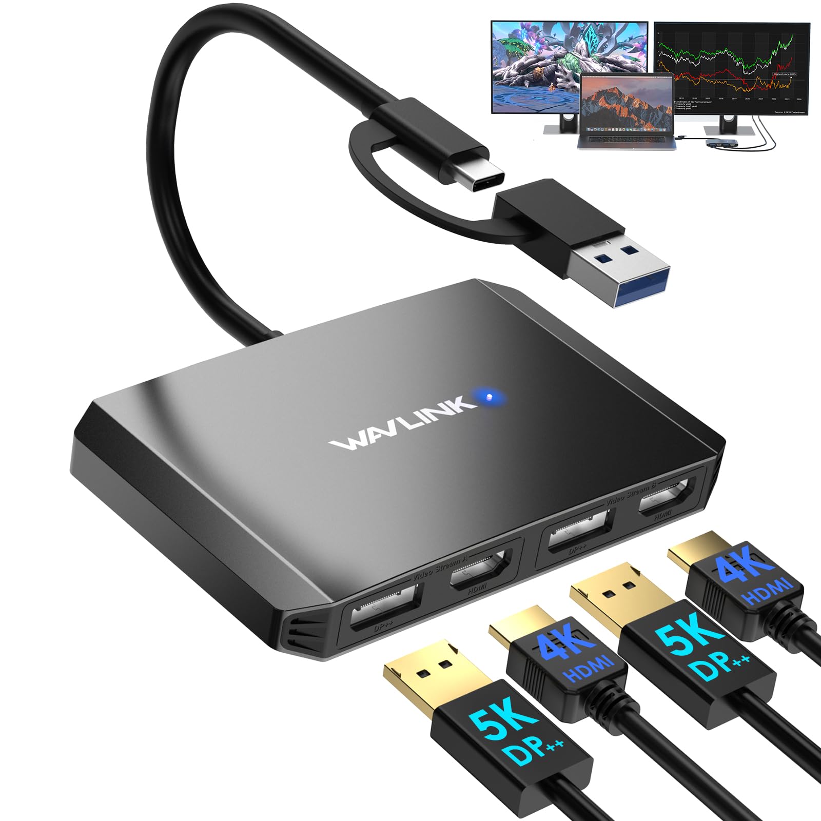 WAVLINK Adattatore USB 3.0/USB-C A Doppia DisplayPort E HDMI – DisplayLink – 5K/4K 60Hz – Per Windows E Mac