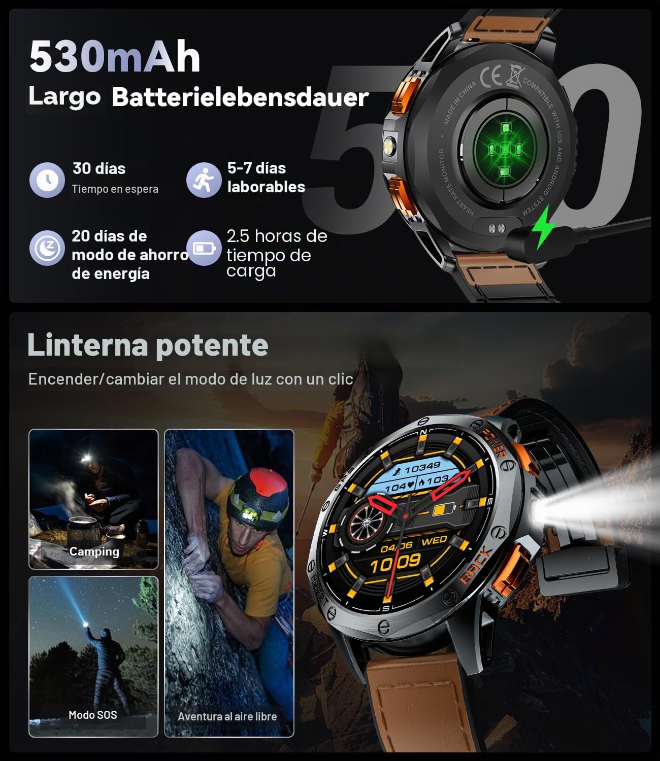 DREMAC DM1 Reloj Inteligente Hombre 48mm,GPS Integrado/Linterna,Reloj Fitness con 70+ Modos Deportivos,Monitor de Salud 24/7,Batería 30 Días,IP68 Impermeable para iOS Android