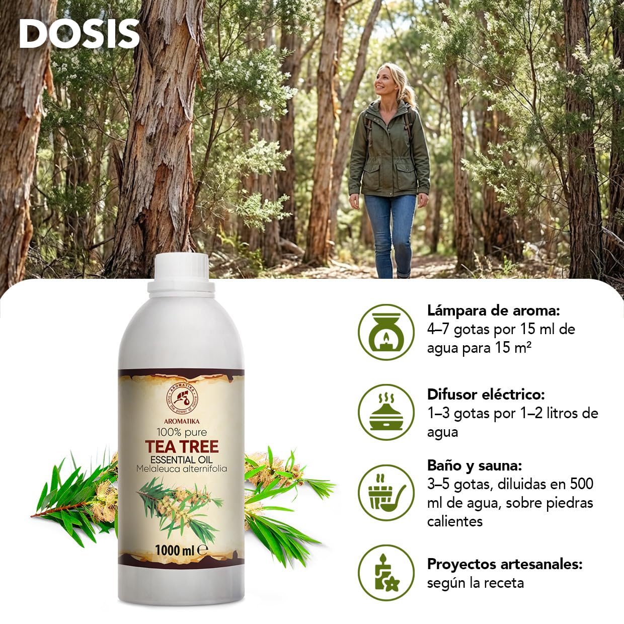 Aceite Esencial De Árbol De Té 500 ml - Melaleuca Alternifolia - Natural y Puro - Aceites Esenciales para Difusores - Fragancias para el Hogar - Jabones y Velas - Sauna - Aroma fresco - Aromaterapia