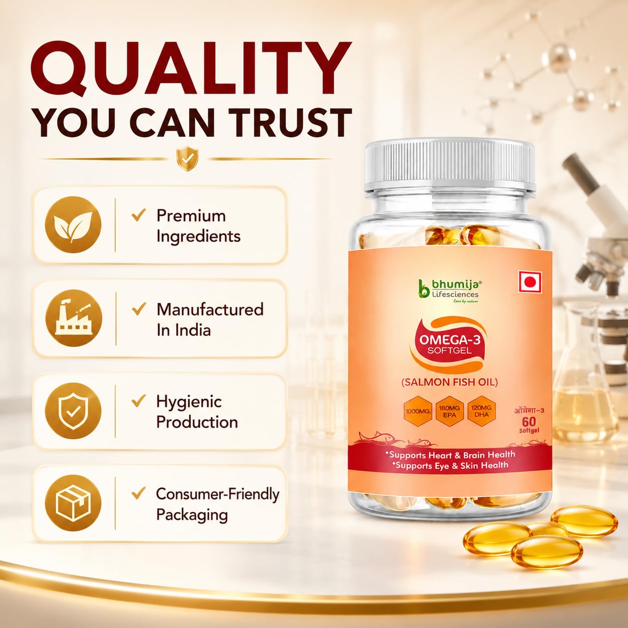 Bhumija Lifesciences Salmon Fish Oil Omega 3 Capsules with EPA and DHA Premium Softgel Supplement for Heart Brain Eye and Joint Support - 60 Softgel (Pack of 2) 2