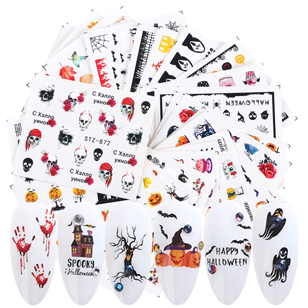 Jacknb24 Sheets Halloween Nail Art Stickers Fall Nail Decals Nail Art Accessories Skull Pumpkin Bat Ghost Witch Spider Maple Leaf Design Nails Supply Halloween Party Favors Manicure Tips Decoration