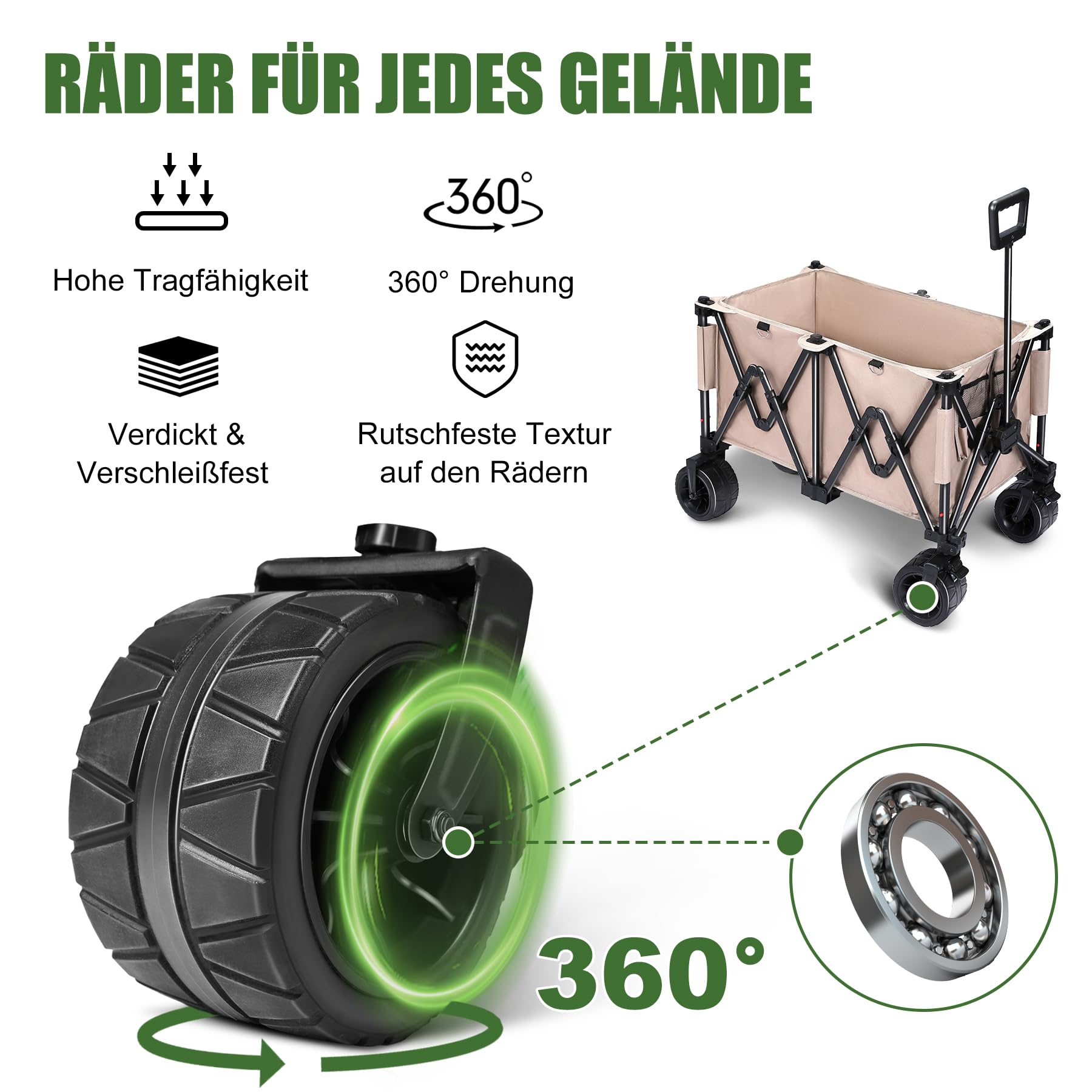Carrello pieghevole da giardino, 150 kg, con tasca laterale, con asta telescopica, freni, pneumatici larghi per tutti i terreni, all'aperto, campeggio, giardino, shopping