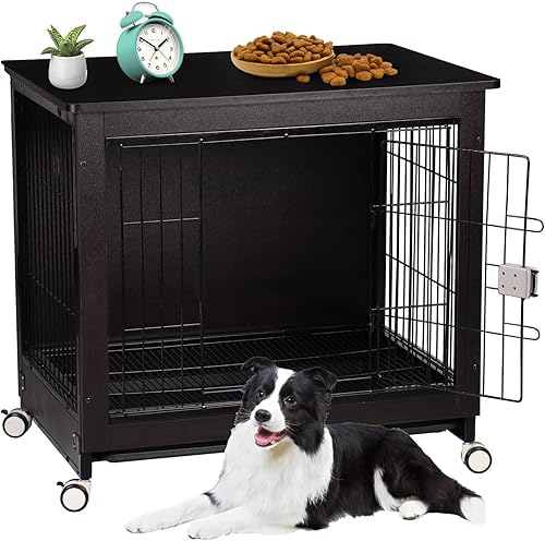 Creatart Muebles de madera para perros de 32.5 pulgadas para perros grandes o medianos, mesa auxiliar de perrera resistente para interiores con
