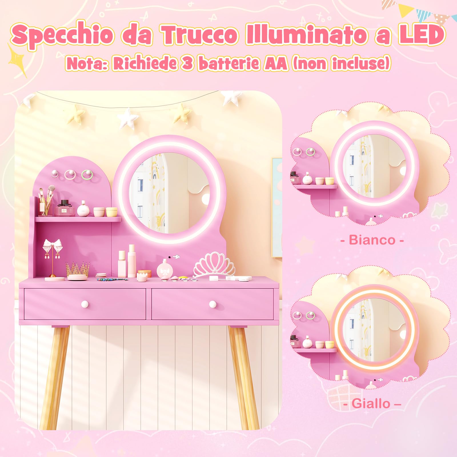 COSTWAY Toeletta Trucco Bambina da Principessa con Specchio Illuminato
