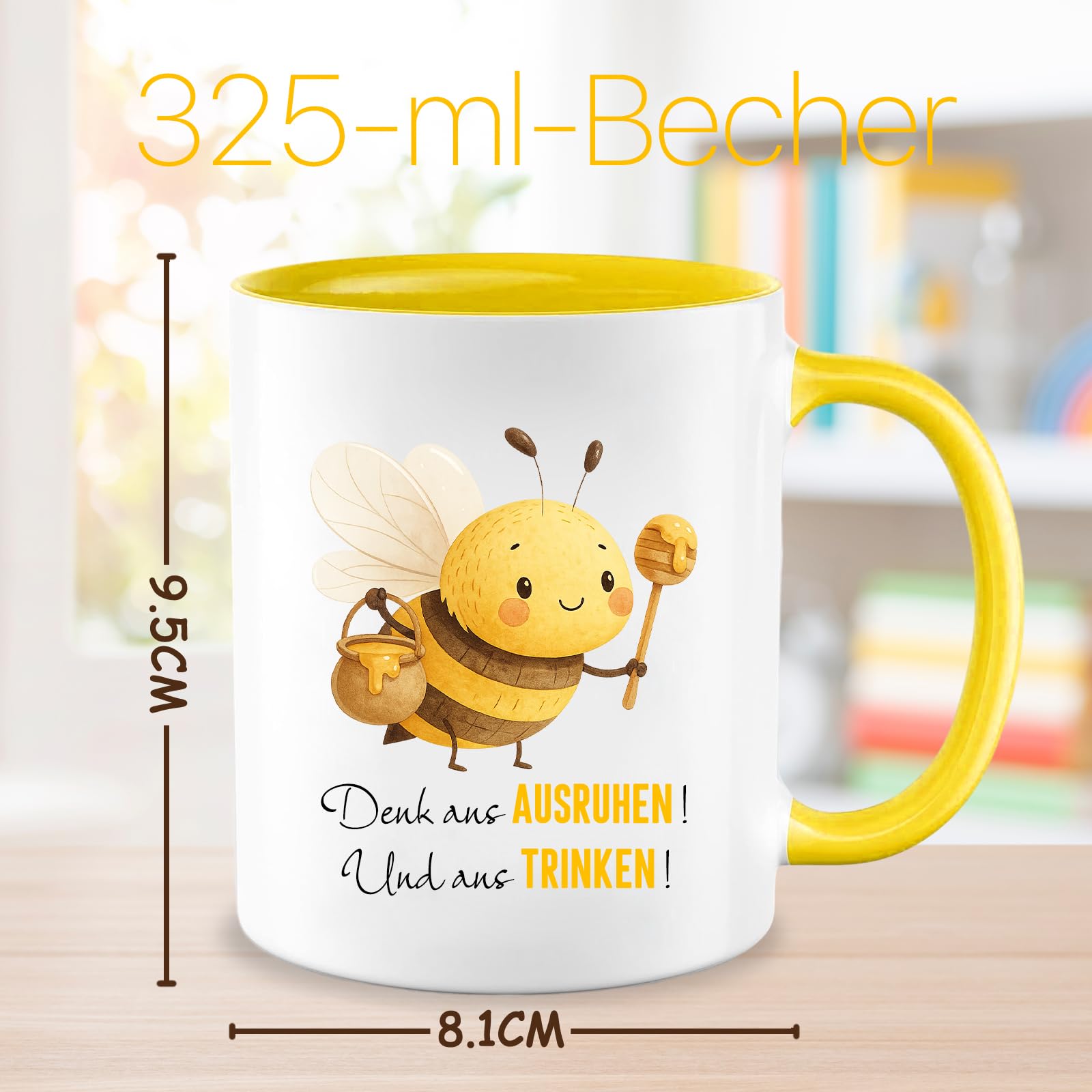 Geschenk für Frauen, Männer & Kinder, 325ml Tasse mit Strick-Deko Fröhliche Biene Glücksbringer, Geburtstag, Weihnachten, Gute Besserung, Prüfungsgeschenk, Abschiedsgeschenk