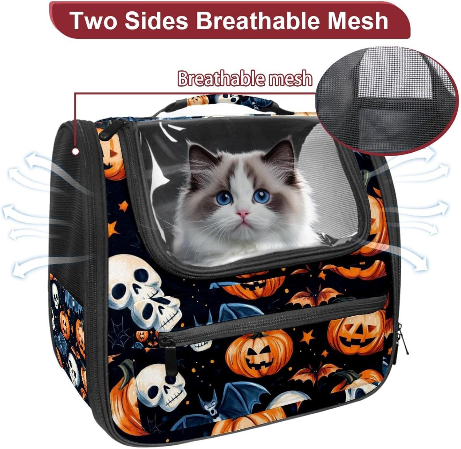Portable Travel pet Backpack Carrier Hamster Bag Small Dog cat Carrier Breathable Hang Bag, Halloween Skulls Pumpkins Bats