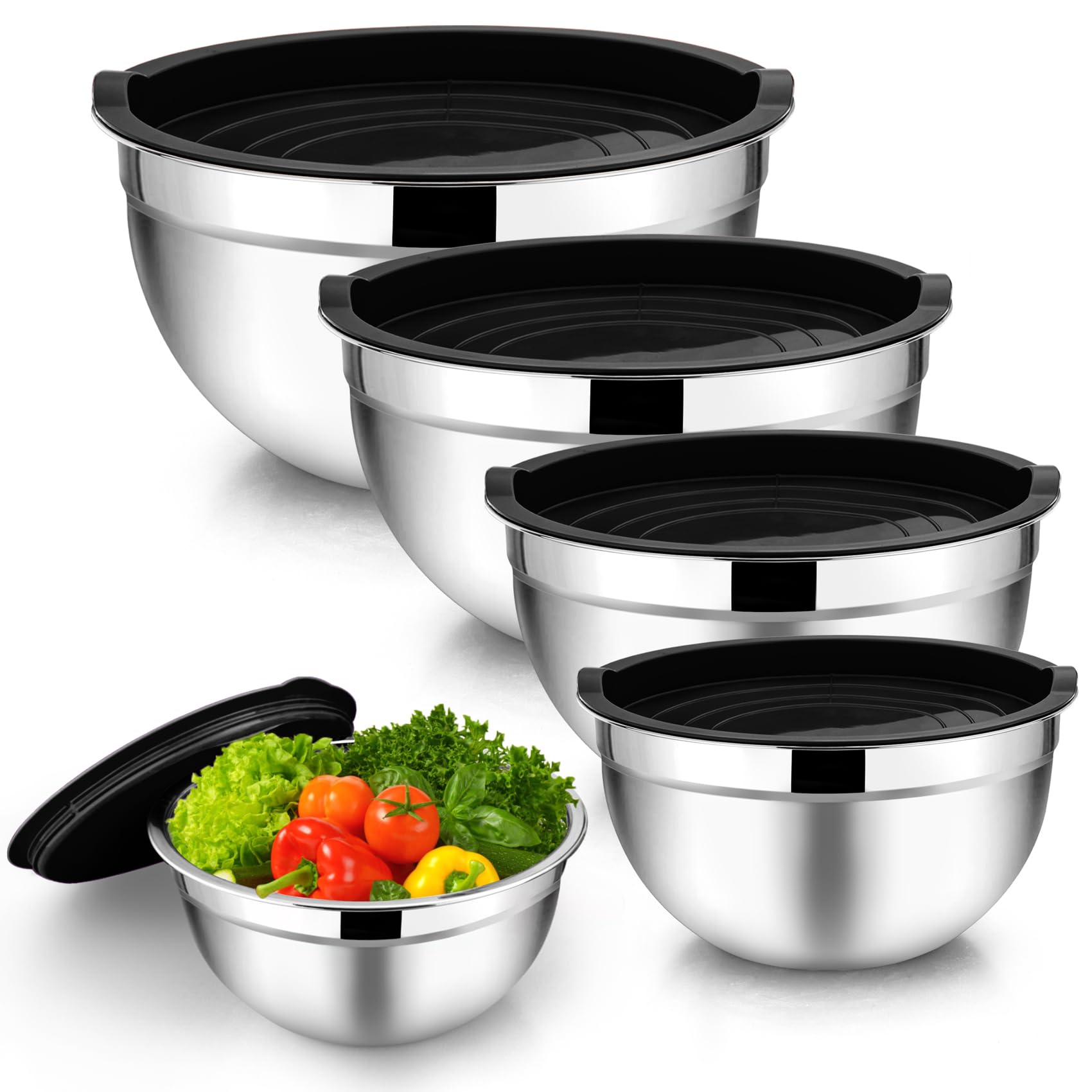 TeamFar Mixing Bowl Set of 5, 4.5/3/1.5/1/0.7 QT, Stainless Steel Metal Nesting Salad Bowl with Lid Set, Ideal for Mixing Serving, Non-Toxic & Sturdy, Airtight Lid & Easy Clean, Black