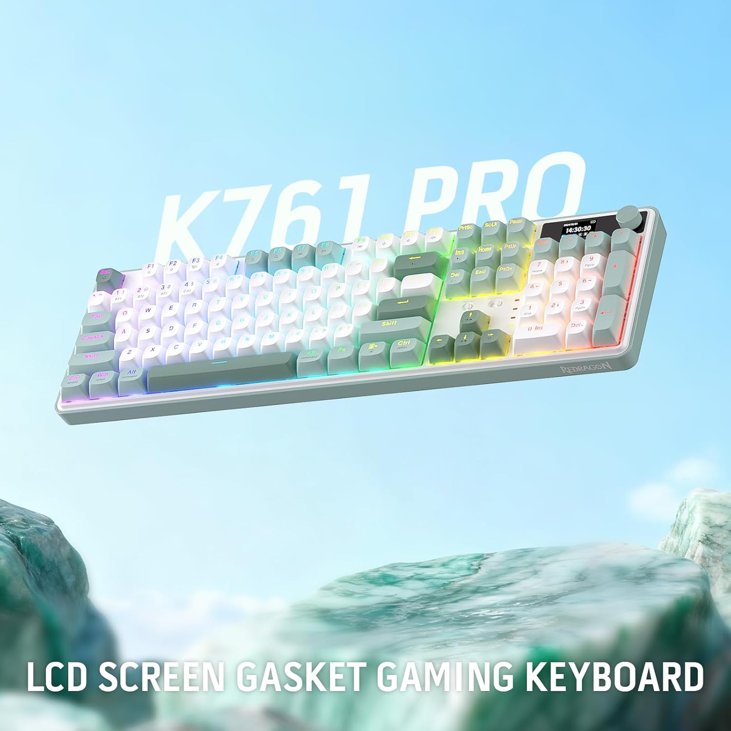 Redragon K761 Wireless Gasket Gaming Keyboard w/Hype Screen & Knob, 104 Keys Mechanical Keyboard, Easy-Control 1.26’’ TFT Info Display, 5-Layer Noise Dampening, Custom Linear Switch, Jade Cloud Color - Image 9