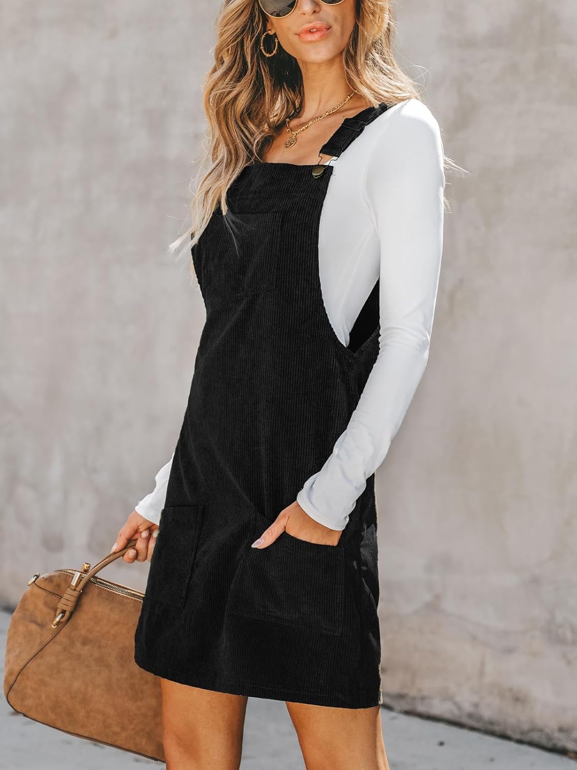 CUPSHE Women Corduroy Fall Dresses Front Bib Pocket Square Neck Wide Strap Casual Overall Mini Dress - Image 3