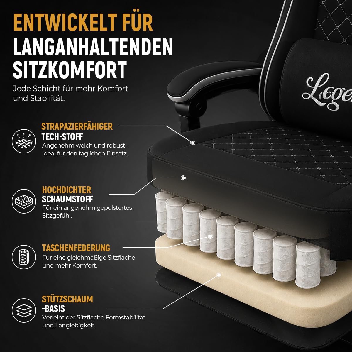 Gaming Stuhl Gamer Sessel - Tech-Stoff, hochdichter Schaum, Taschenfederung, 150 kg, mitlaufende Armlehnen, verstellbare Rückenlehne (90-135°), Fußstütze, Schwarz