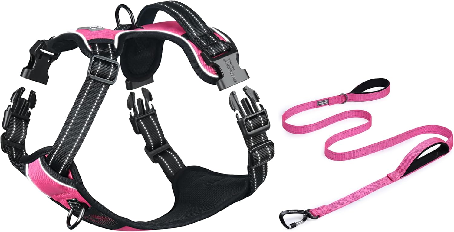 VIVAGLORY + No Pull Dog Harness + Traffic Handle Dog Leash, Training & Walking Padded Soft Handles Small Medium Large Pets