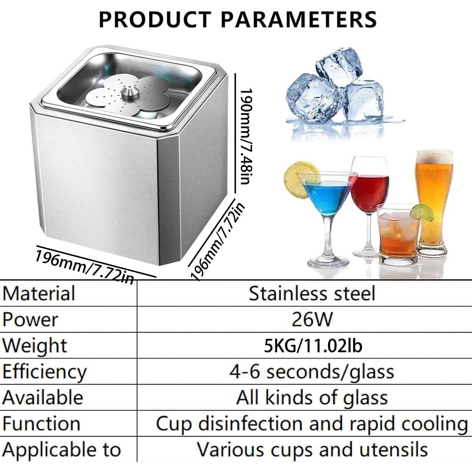 Enfriador de Vasos de mostrador, Enfriador rápido de Vasos en 6 Segundos, Equipo de Bar de Acero Inoxidable, Servicio de cócteles en restaurantes. (Desktop)