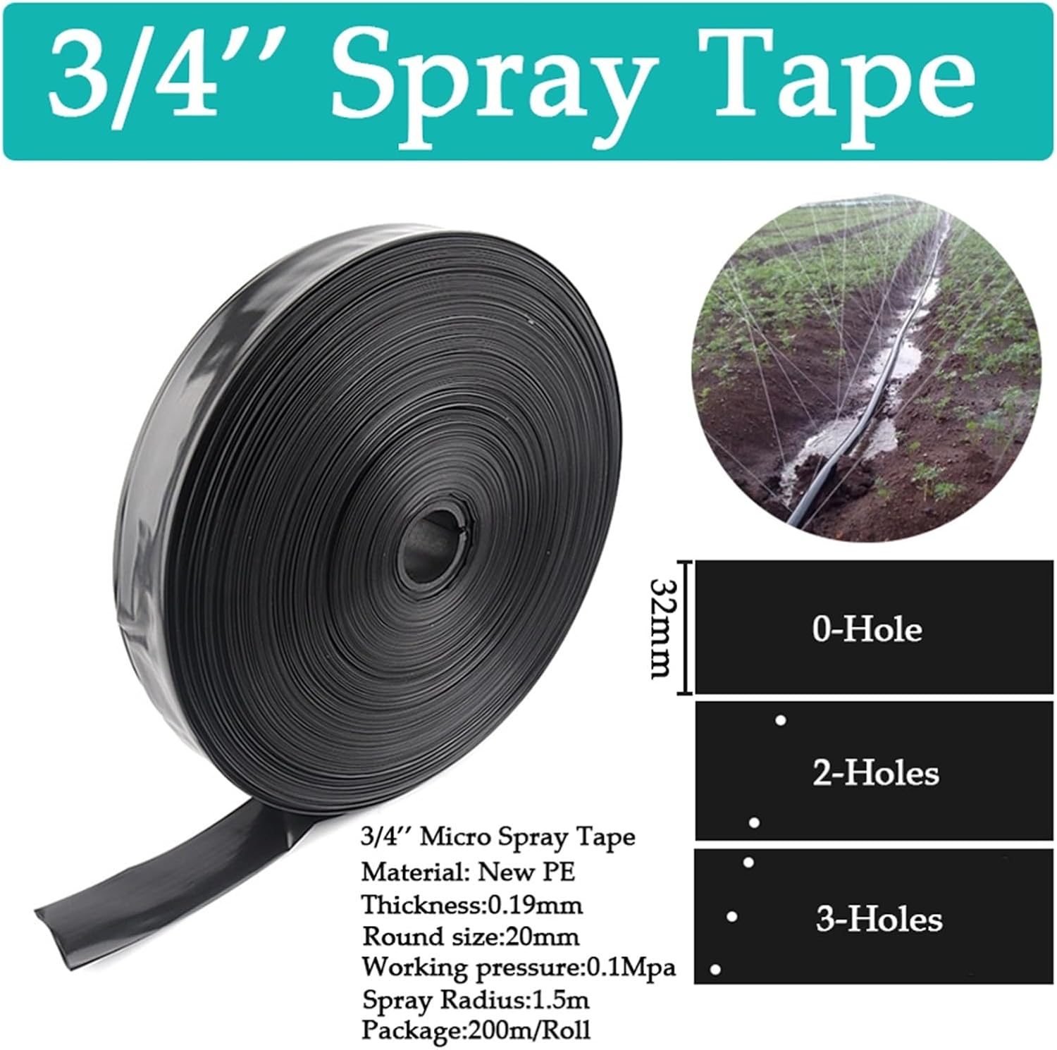 10~50m 3/4'' Φ20mm Irrigation Spray Tape 0~5Holes Agricultural Irrigation Soft Hose Greenhouse Under Membrane Film Tube(20m,THICKNESS 0.19MM_3-HOLES)