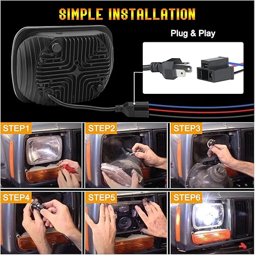 Miniatura 9 de 2 faros delanteros LED H6054 5x7 7x6 de luz altabaja de 110 W con arnés de cables H4-HB3, compatibles con Jeep Cherokee XJ Wrangler YJ Ford Chevy