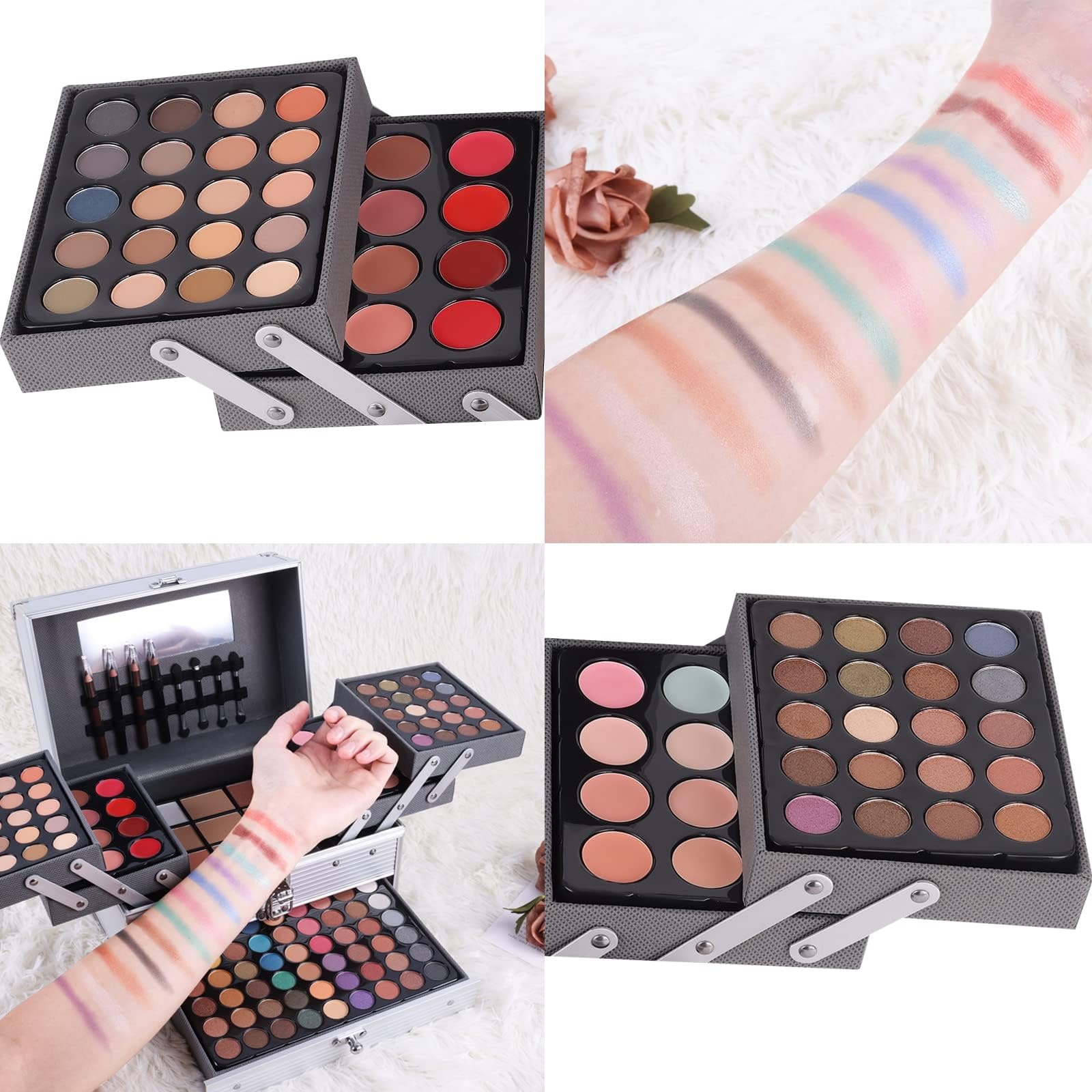 Kit de maquillage pour femmes et filles, kit de maquillage tout-en-un avec pinceau cosmétique, rouge à lèvres, palette de fards à paupières, blush, gel pailleté en rose, mallette de maquillage de