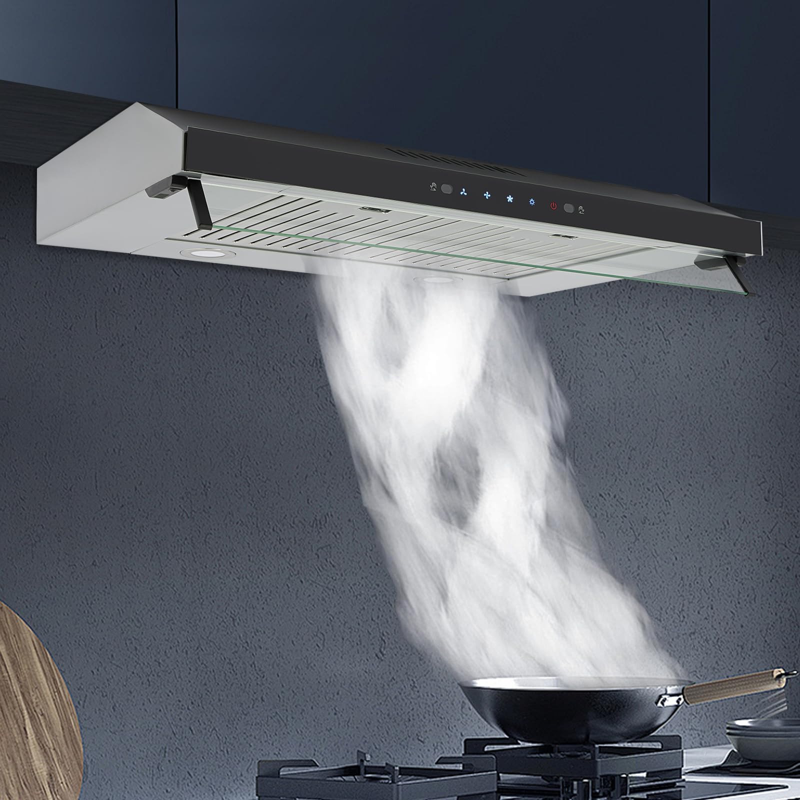 Amazon.com: YUNLAIGOTOP Campana extractora para debajo del gabinete de 29 pulgadas, 17657 CFM, campana extractora moderna con 3 ajustes de flujo de aire, panel táctil, pantalla LCD, función de retardo, : Electrodomésticos
