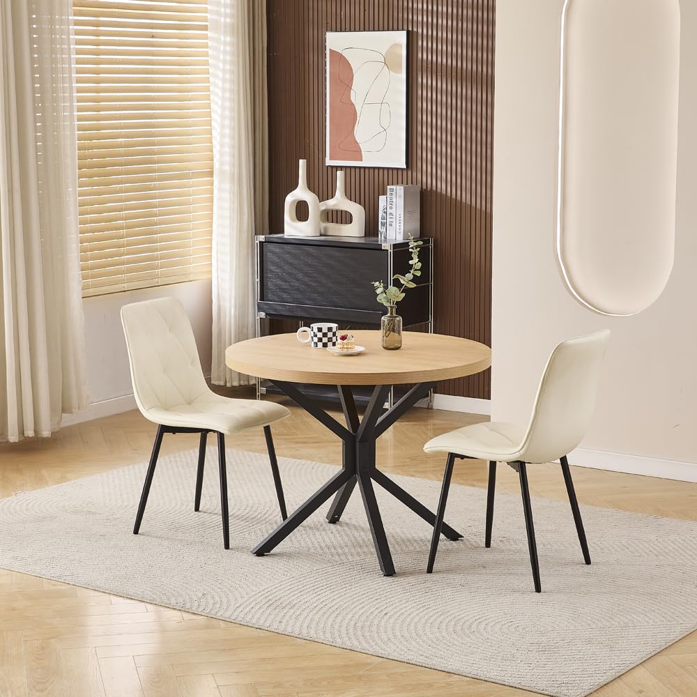 Homullel Round Dining Table and Chairs Set 2 Seater Kitchen Dining Set, 3 Pieces Table & Chairs Dinner Table Set for 2 (95cm Wooden Table with 2 Chairs, Pu Ivory)