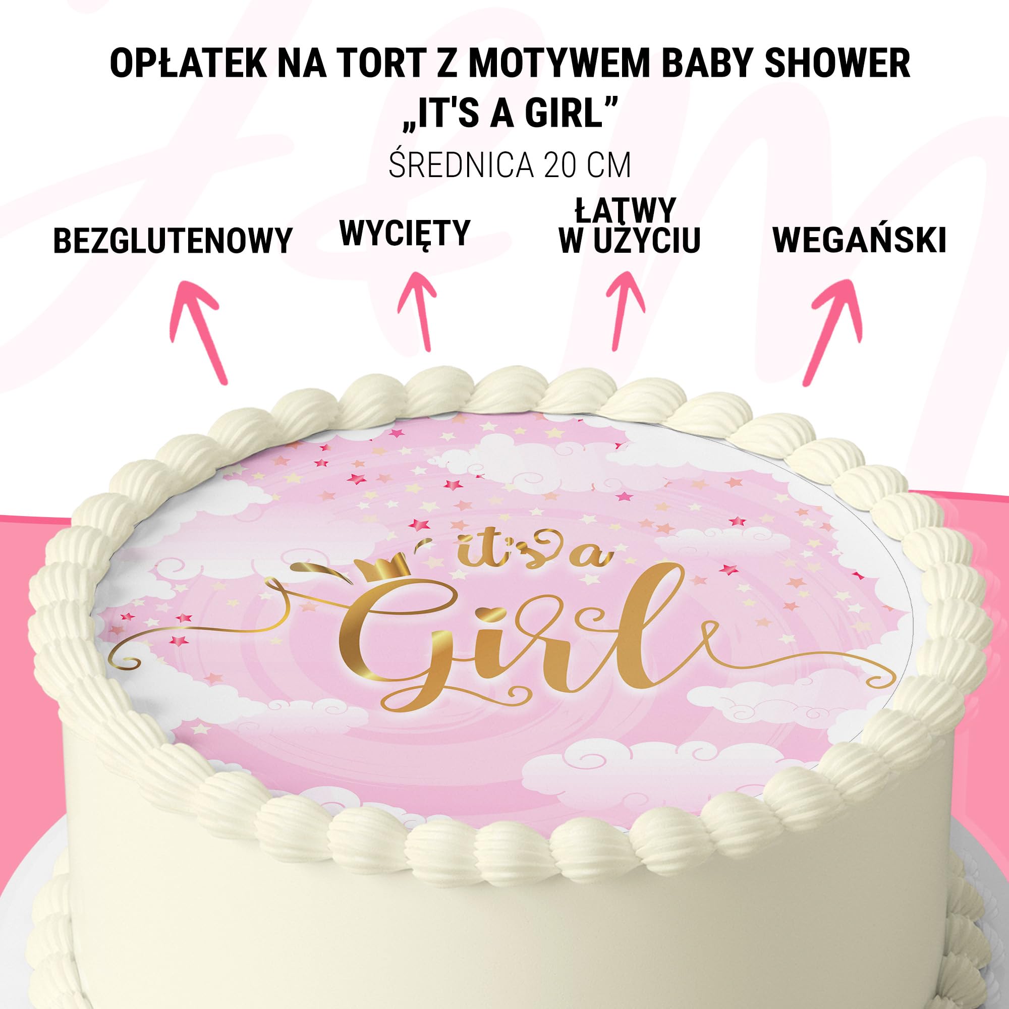 J&M DECO Opłatek na tort Baby Shower It’s a Girl Ø20 cm – jadalna dekoracja na urodziny i chrzest dziewczynki – topper tortowy dla dzieci – bezglutenowy i wegański