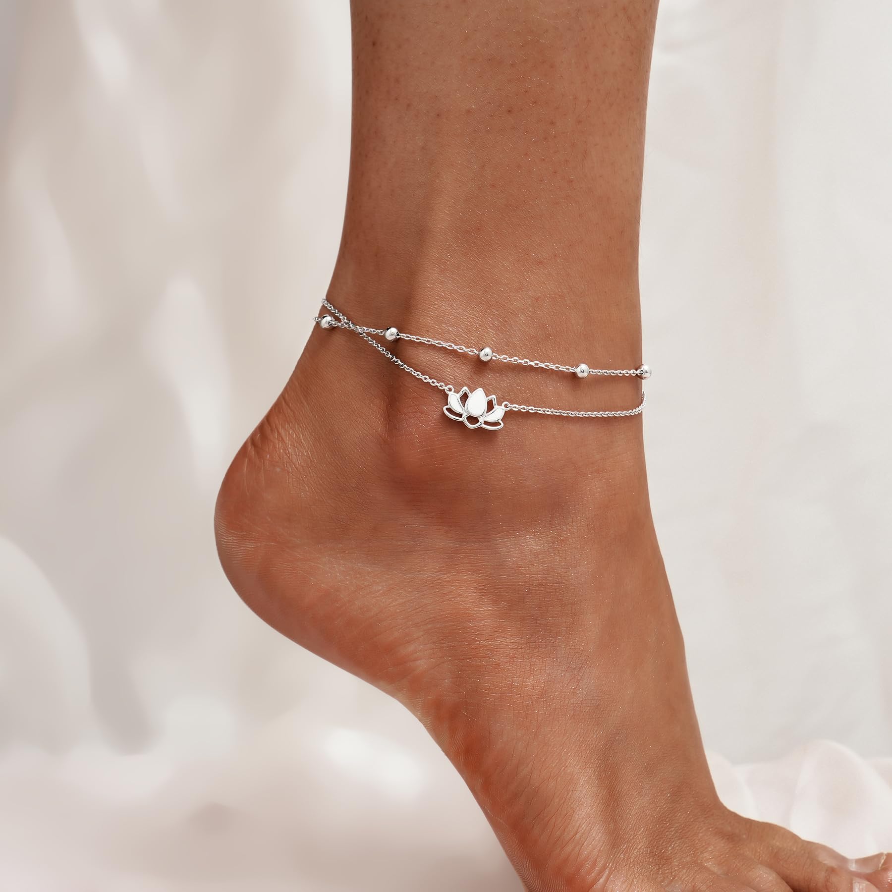 Cavigliera in argento Sterling 925, per donna, con fiore di loto, cavigliera a strati, chakra, per compleanno, laurea, ispirazione, yoga, idea regalo