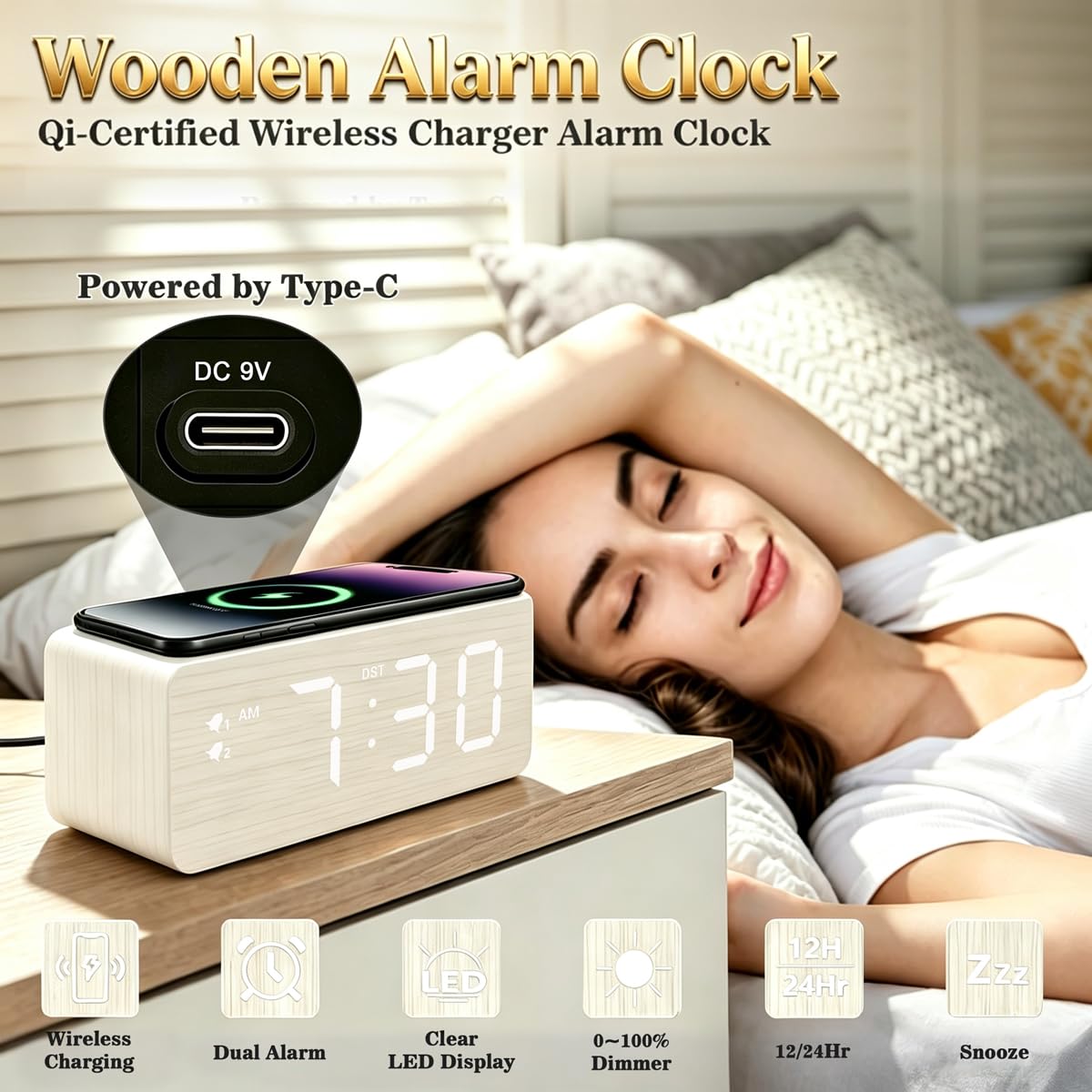 URAYCO Reloj despertador digital de madera, estación de carga inalámbrica rápida de 10 W y 2 puertos de carga USB, con regulador de 0 ~ 99%, alarma dual, modo de día de semana/fin de semana, reloj LED