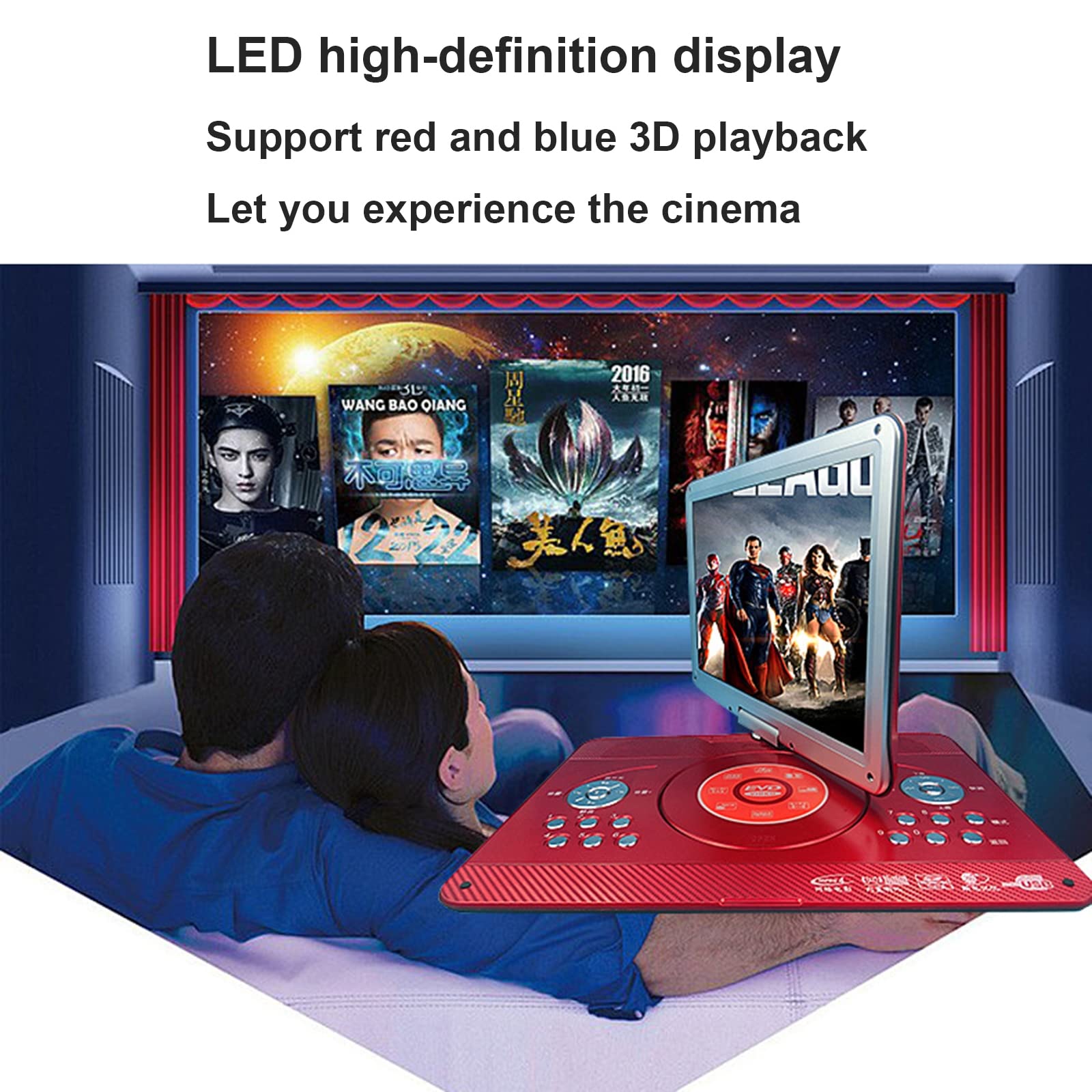 Lecteur DVD 3D Portable - Écran 14,1" avec 1280X800 Pixels - Batterie intégrée - Entrée USB - AV-entrée Sortie