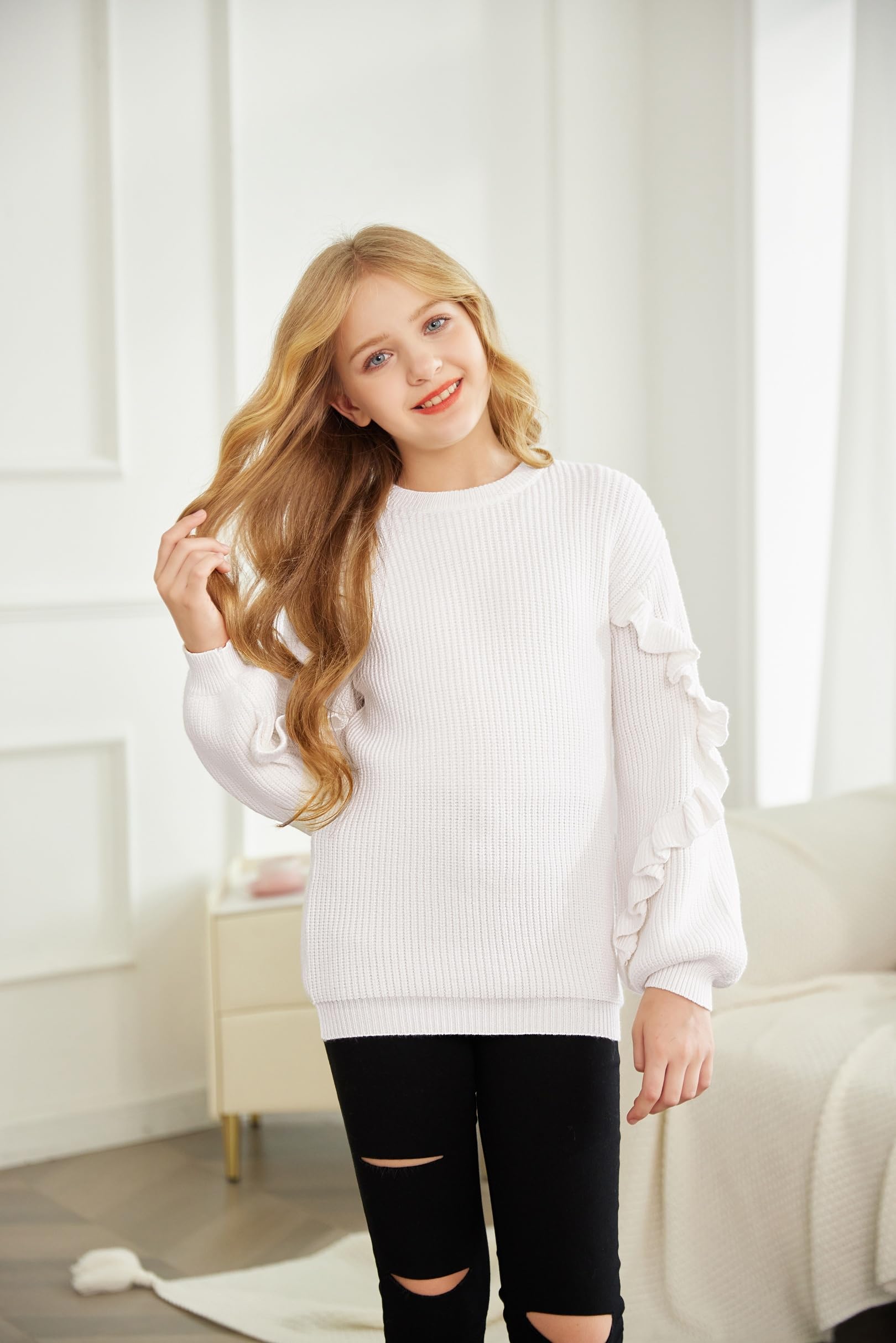 Arshiner Dziewczęcy sweter lampion rękaw dziecięcy dzianinowy ciepły sweter luźny okrągły dekolt sweter top zimowy z długim rękawem dla dziewcząt 7-14 lat